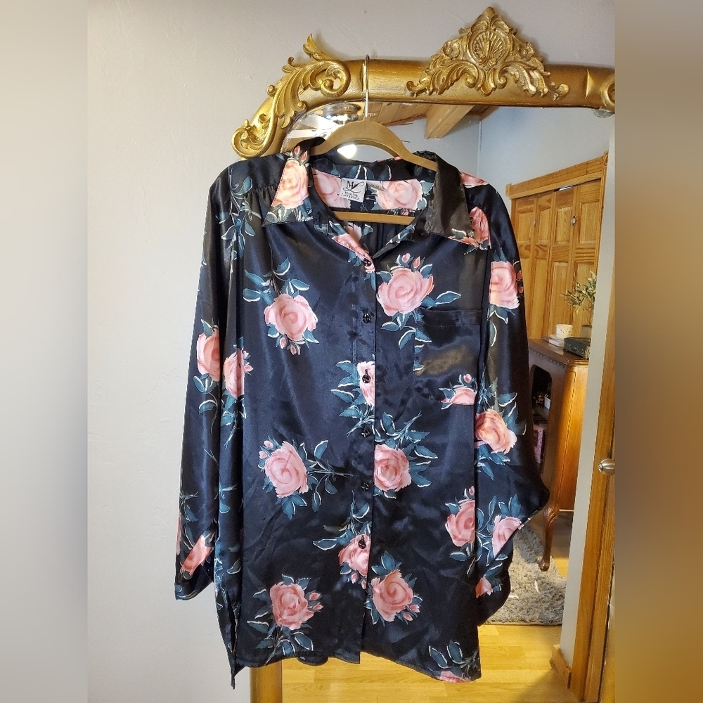 Black Floral Button Down Pajama Shirt - Picture 9 of 9